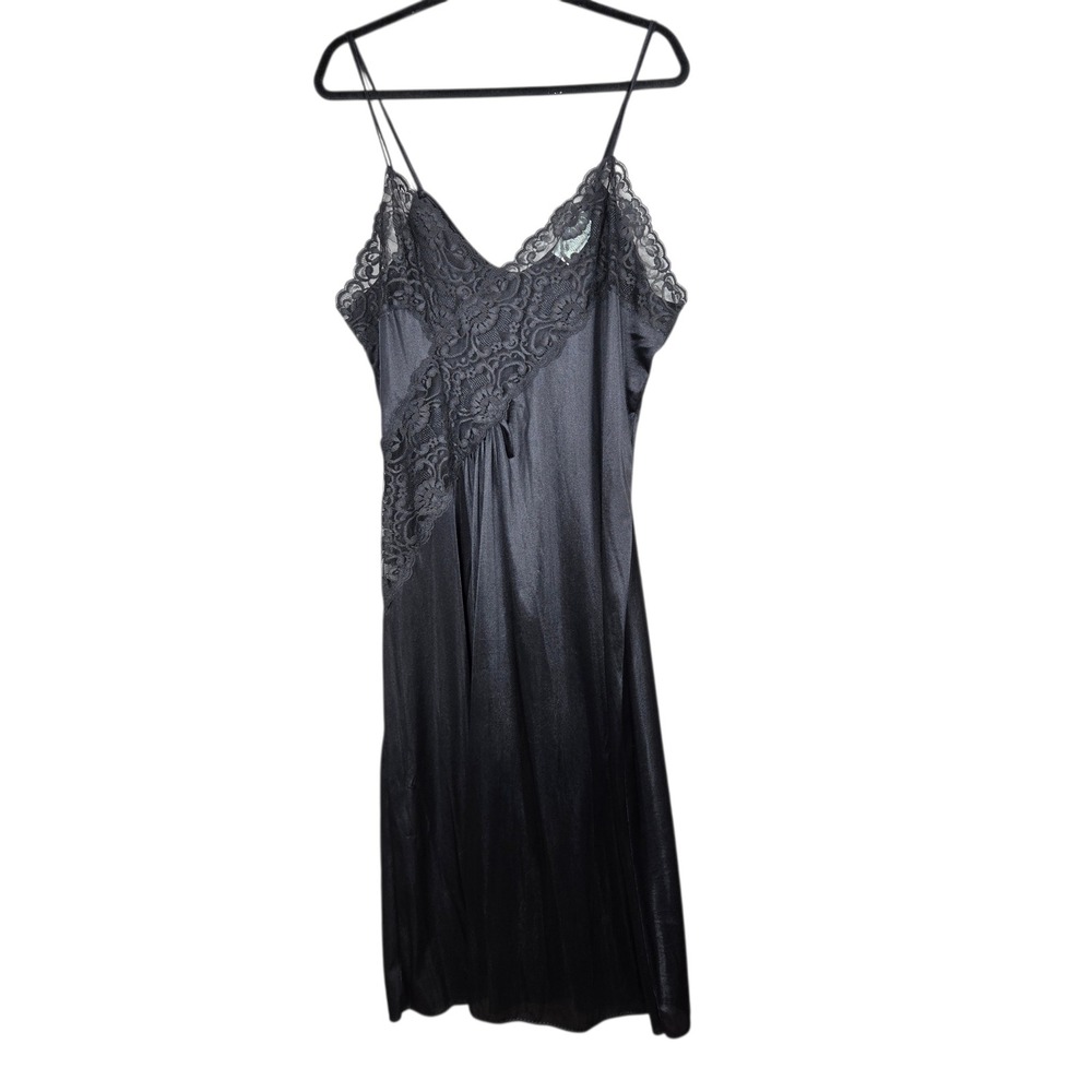 Vtg Morningside Nightgown Womens 2X Black Lace Trim High Slit Slip USA Made Maxi